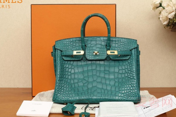 爱马仕Z6孔雀绿雾面方块鳄鱼BIRKIN25手提包正面展示图